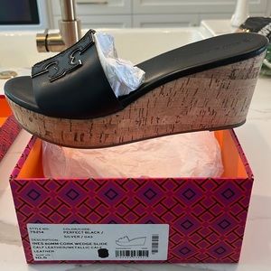 Tory Burch Cork Platforms with Silver Black Trim